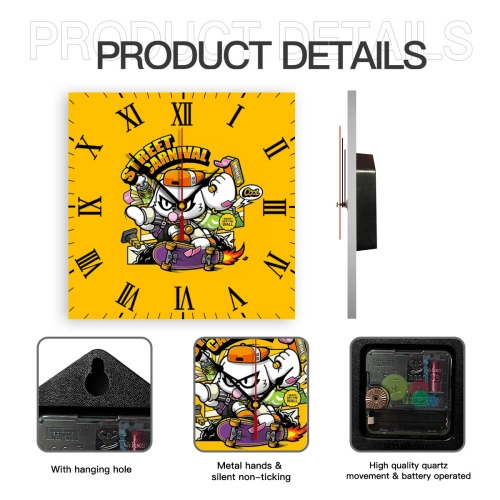 Customizable Square Wall Clock (PVC) - Modern Urban Art Design with Novelty Graffiti Aesthetics, Ideal for Personalized Home / Office Decor