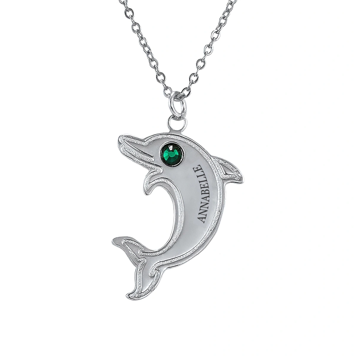 Personalized Dolphin Birthstone Pendant Necklace - Custom Engraved Name - Sterling Silver Charm Jewelry