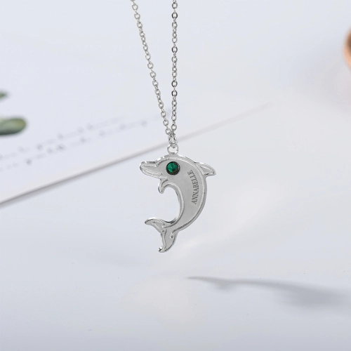 Personalized Dolphin Birthstone Pendant Necklace - Custom Engraved Name - Sterling Silver Charm Jewelry