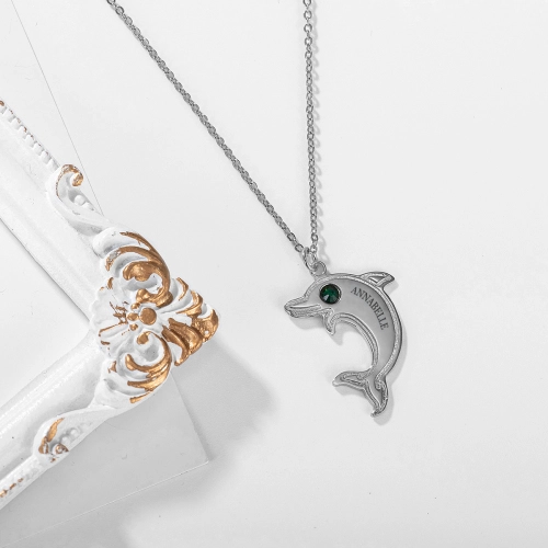 Personalized Dolphin Birthstone Pendant Necklace - Custom Engraved Name - Sterling Silver Charm Jewelry