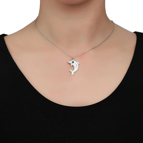 Personalized Dolphin Birthstone Pendant Necklace - Custom Engraved Name - Sterling Silver Charm Jewelry