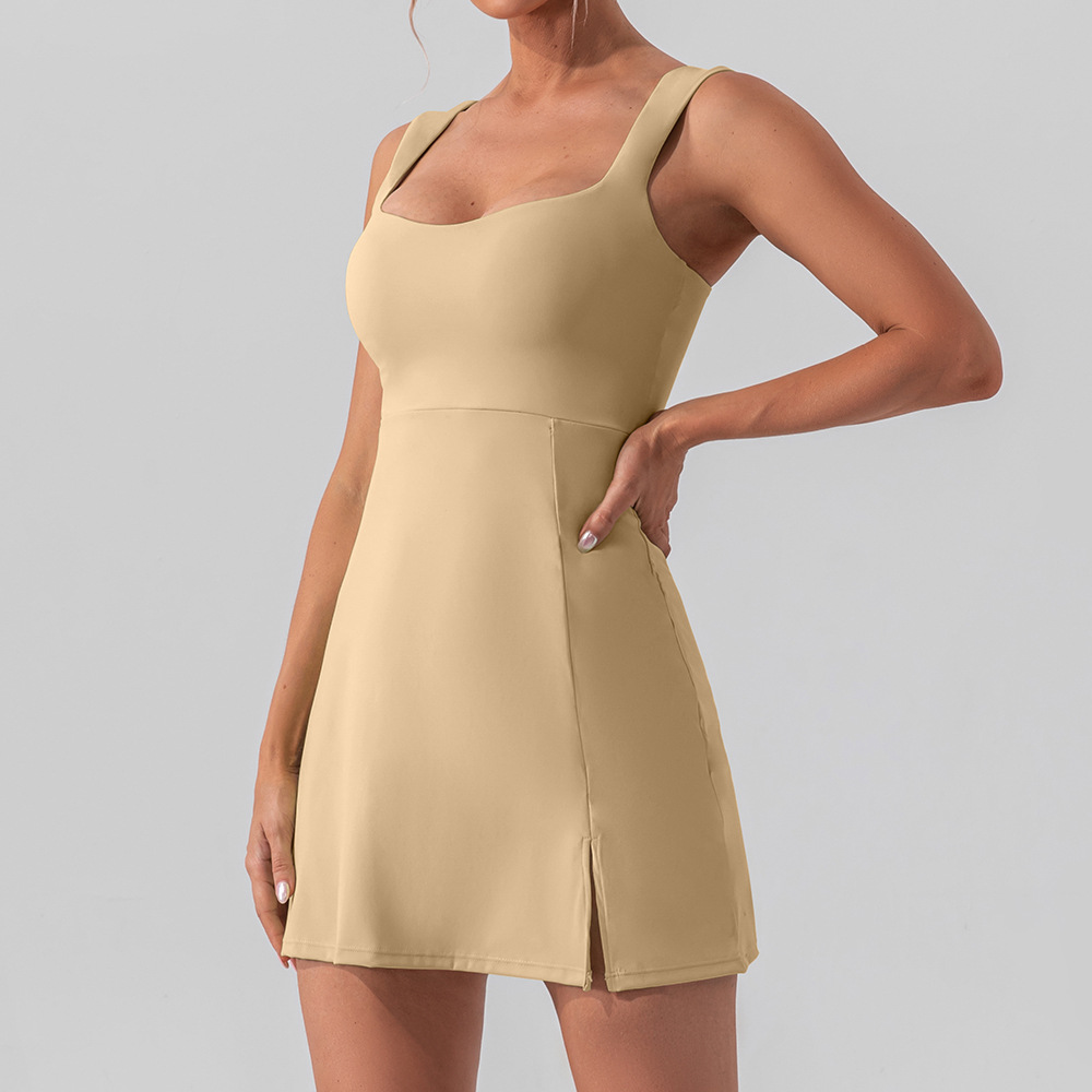 Sexy Spaghetti Strap Solid Color Yoga Tennis Dress – Lightweight Breathable Outdoor Golf Sportswear