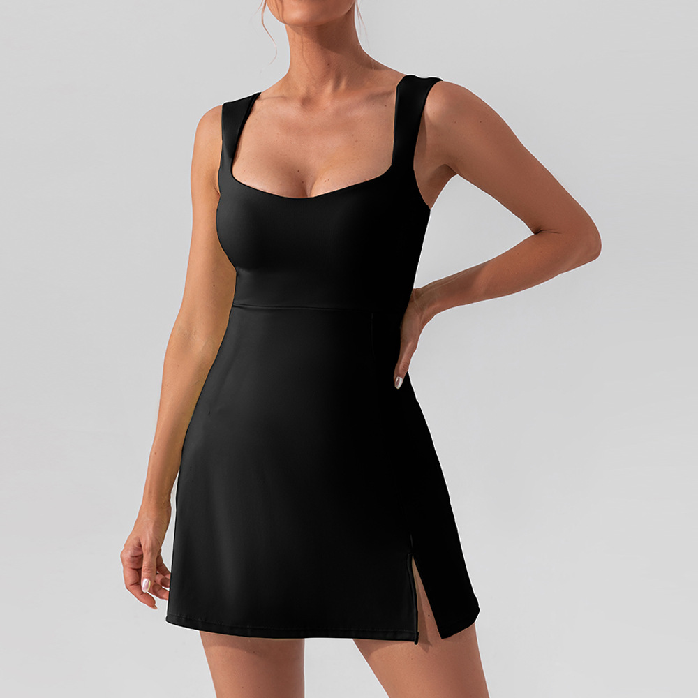 Sexy Spaghetti Strap Solid Color Yoga Tennis Dress – Lightweight Breathable Outdoor Golf Sportswear