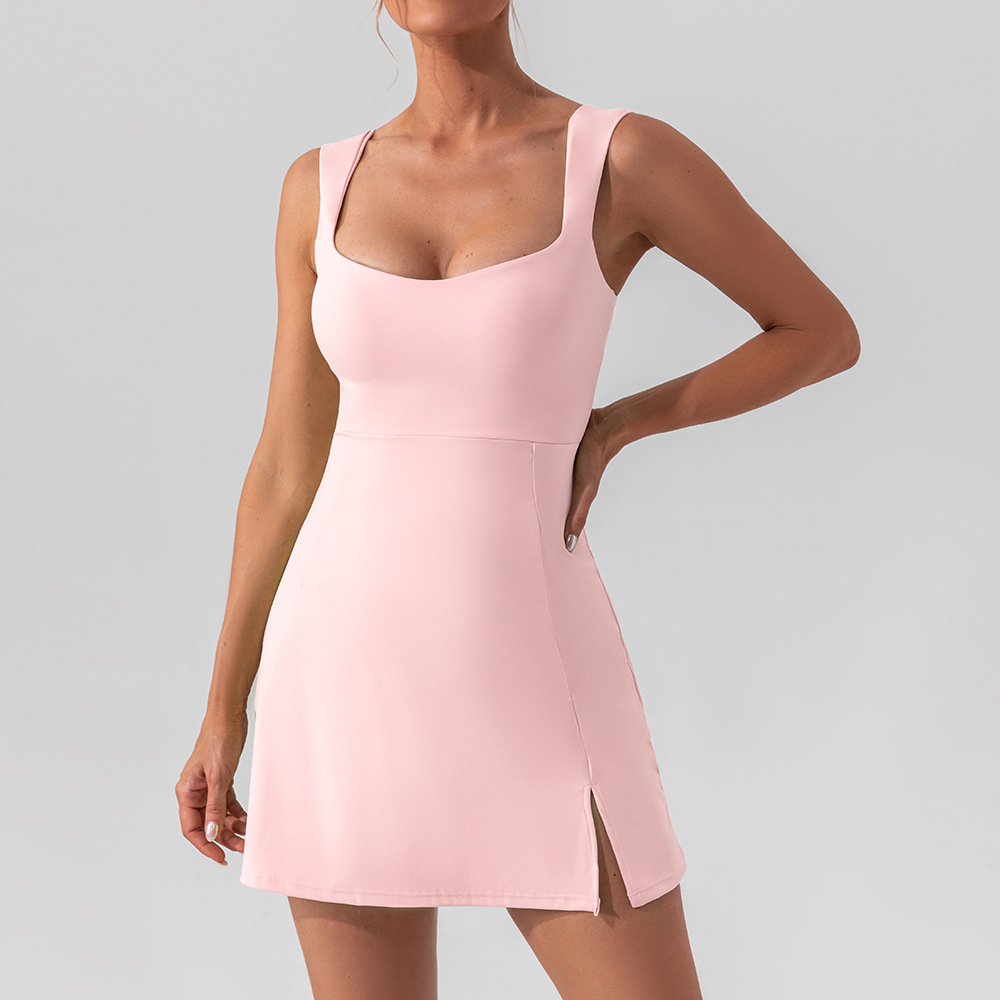 Sexy Spaghetti Strap Solid Color Yoga Tennis Dress – Lightweight Breathable Outdoor Golf Sportswear