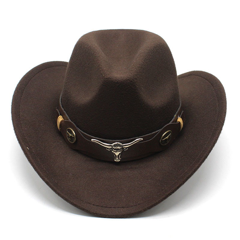 Vintage Western Cowboy Hat – Felt Bell-Shaped Fedora with Bull Badge for Sun Protection