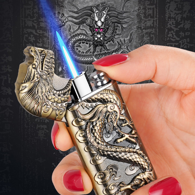 Dragon King Windproof Double Flame Lighter - Refillable Butane Alloy Body, Modern Design Gift