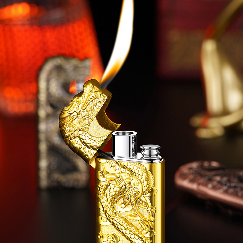 Dragon King Windproof Double Flame Lighter - Refillable Butane Alloy Body, Modern Design Gift